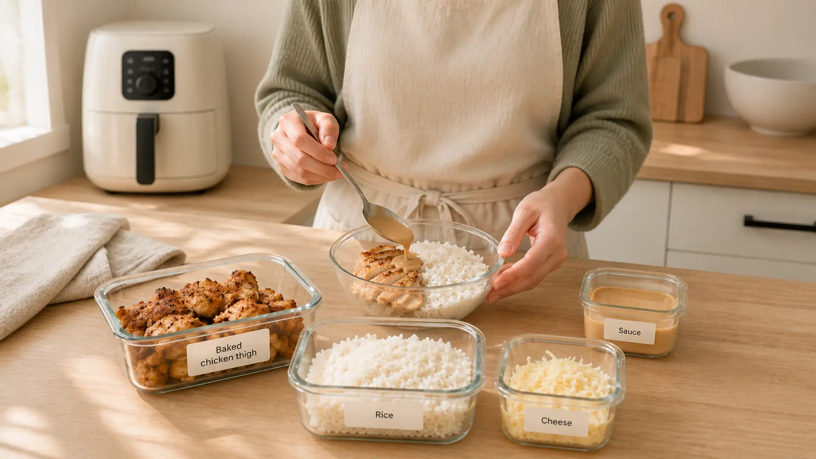 Efficient meal preparation with organized containers, AI-generated concept