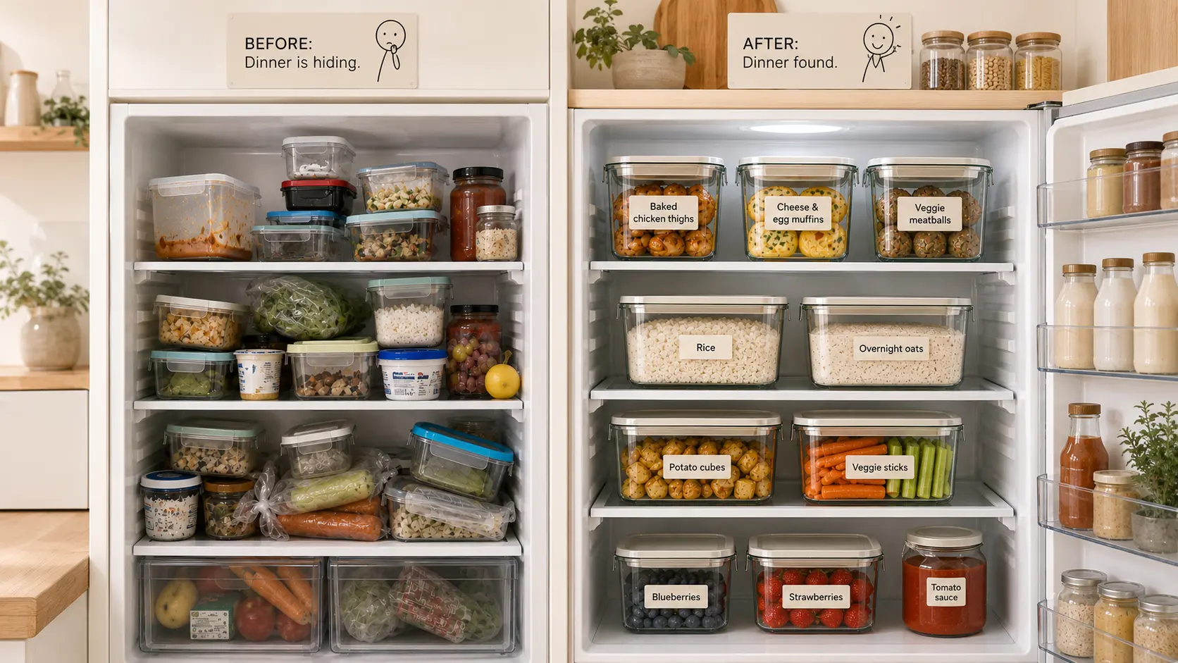 Family Meal Prep Tips That Save Time Organized meal prep fridge with labeled containers and clean food storage system, AI-generated concept
