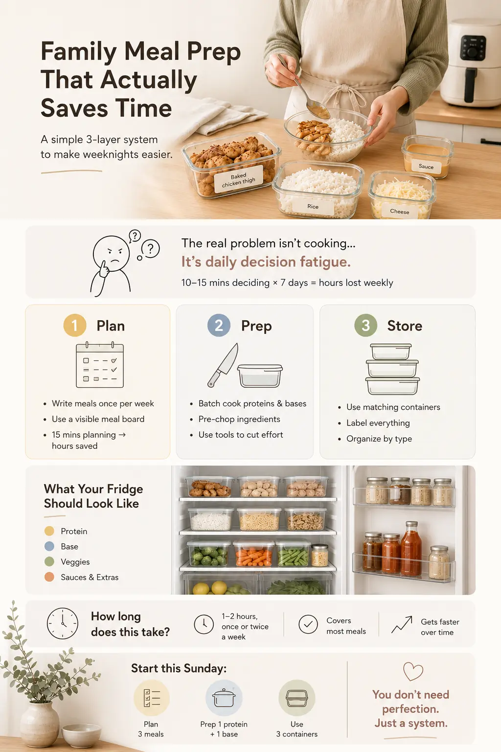 Family Meal Prep Tips That Save Time Family meal prep system infographic tips, AI-generated illustration