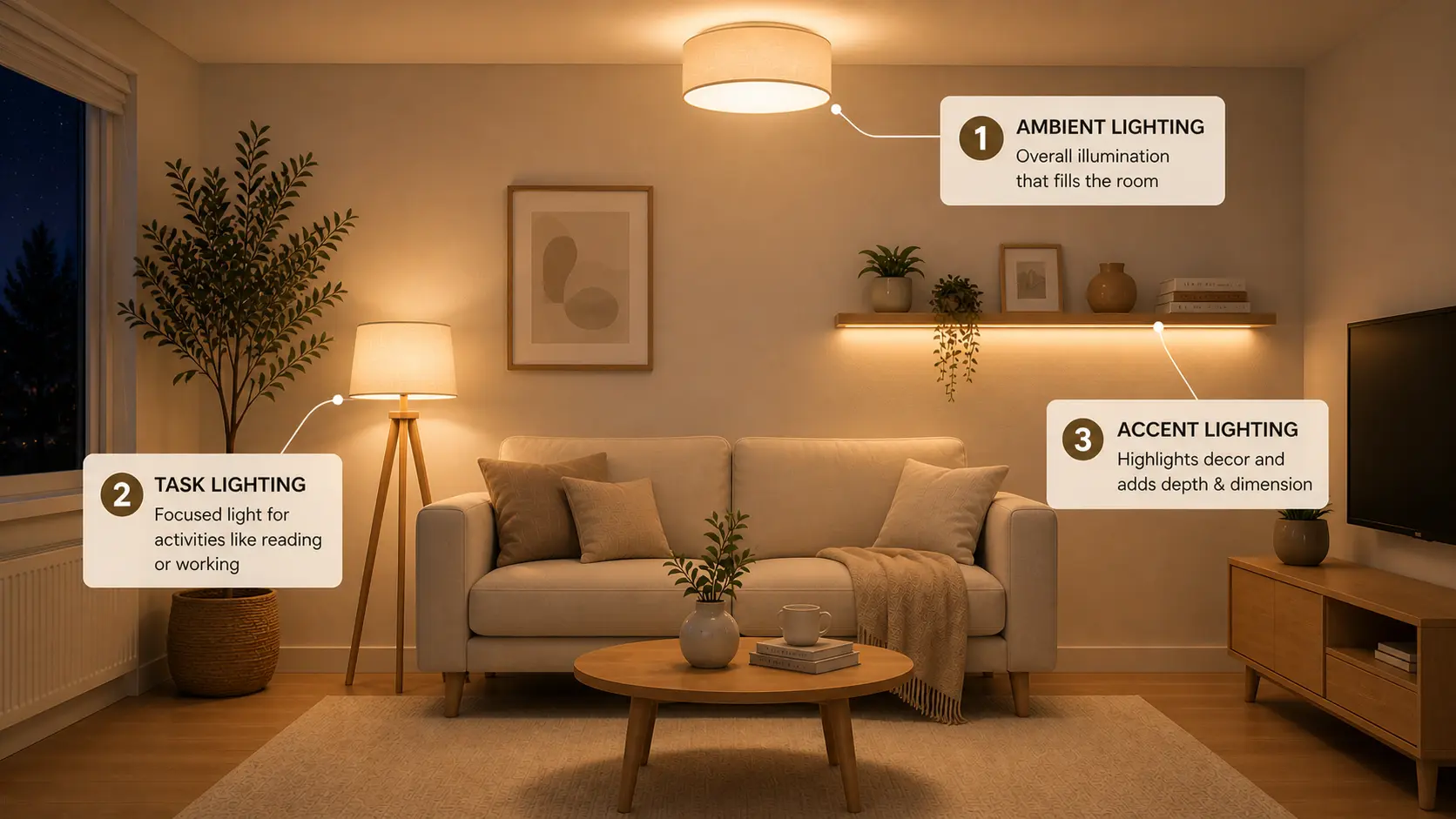 layered lighting tips for ambient, task, and accent lights, AI-generated concept