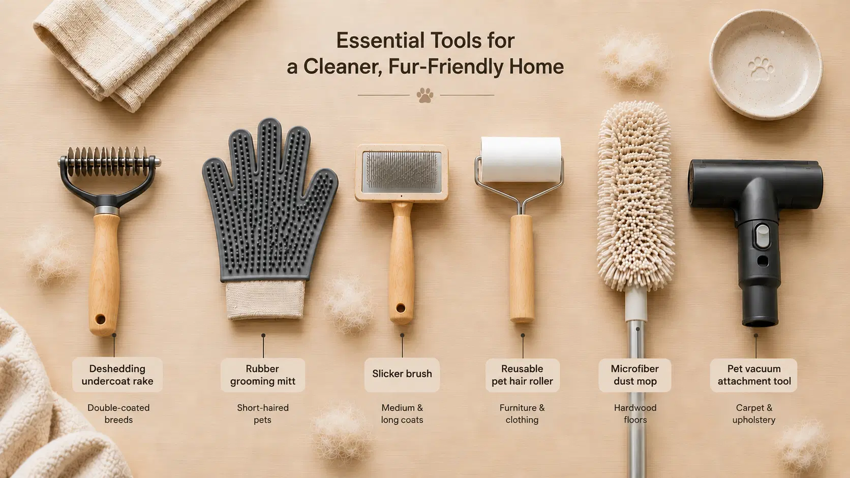 The Real Reason Pet Hair Takes Over Your Whole House (And the Fix) pet grooming tools guide with brushes and cleaning tools, AI-generated concept