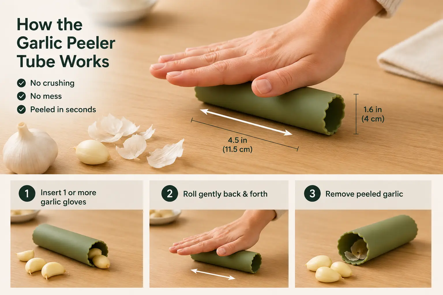 Garlic peeler tube infographic showing how to peel garlic quickly and cleanly, AI-generated concept