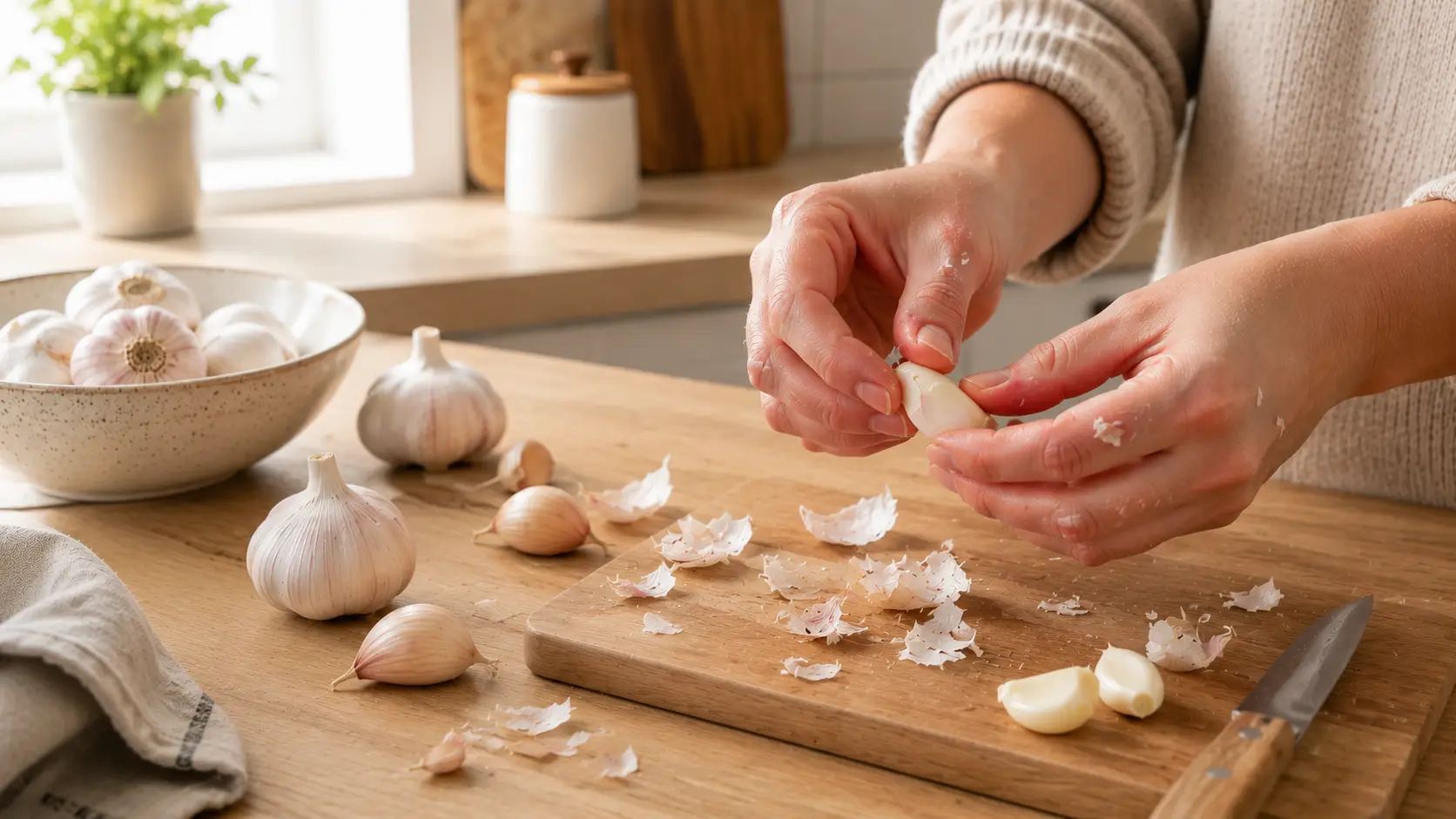 Messy garlic peeling scene with sticky fingers and scattered garlic skins on counter, AI-generated concept