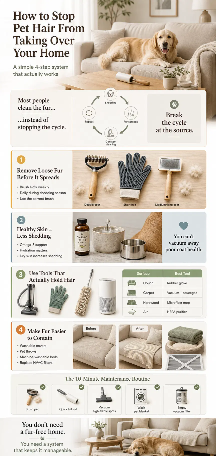 The Real Reason Pet Hair Takes Over Your Whole House (And the Fix) Pet hair control infographic with grooming, cleaning, and home protection tips, AI-generated concept