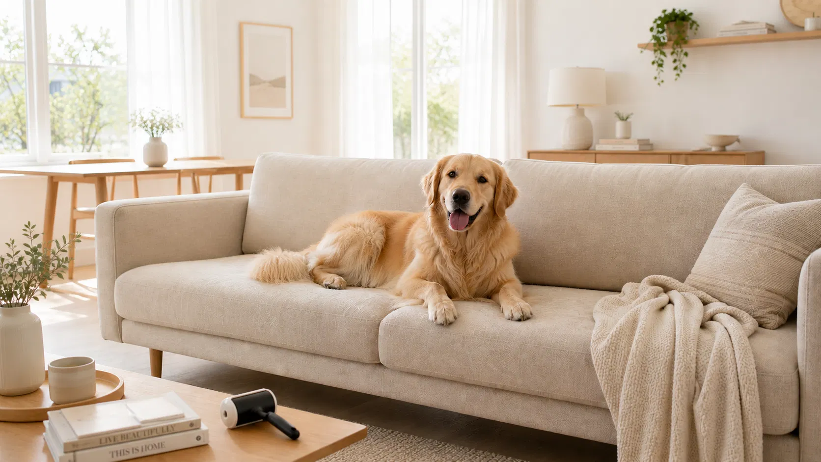living room with dog on sofa with minimal fur, AI-generated concept