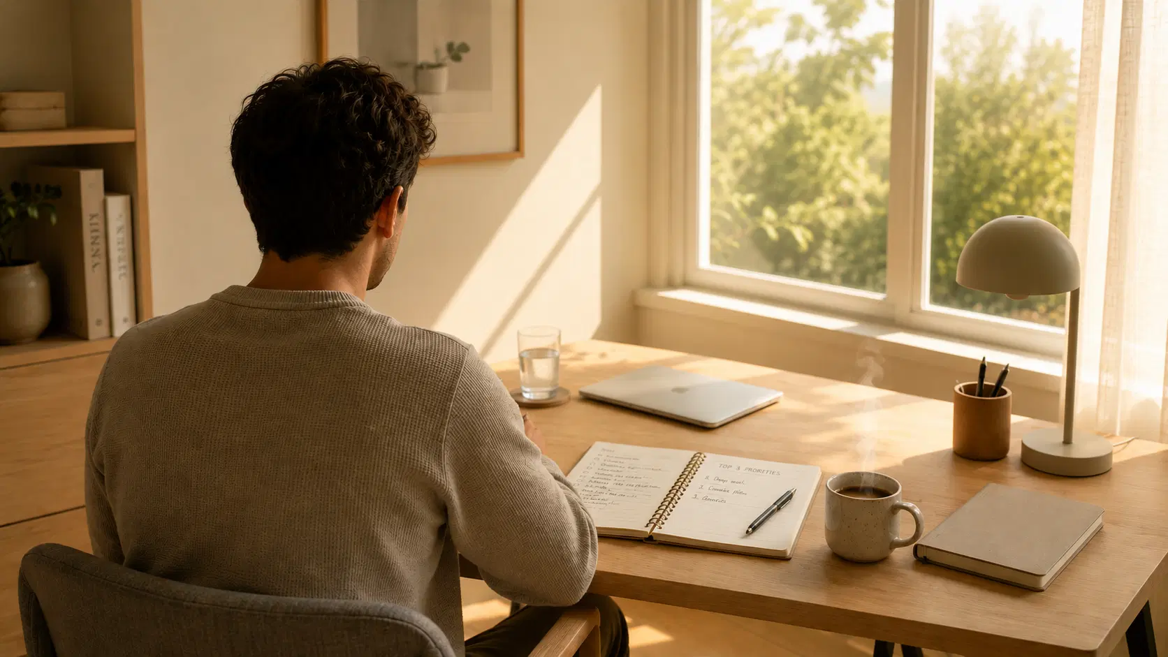 productive morning activity with planner and coffee in soft sunlight, AI-generated concept