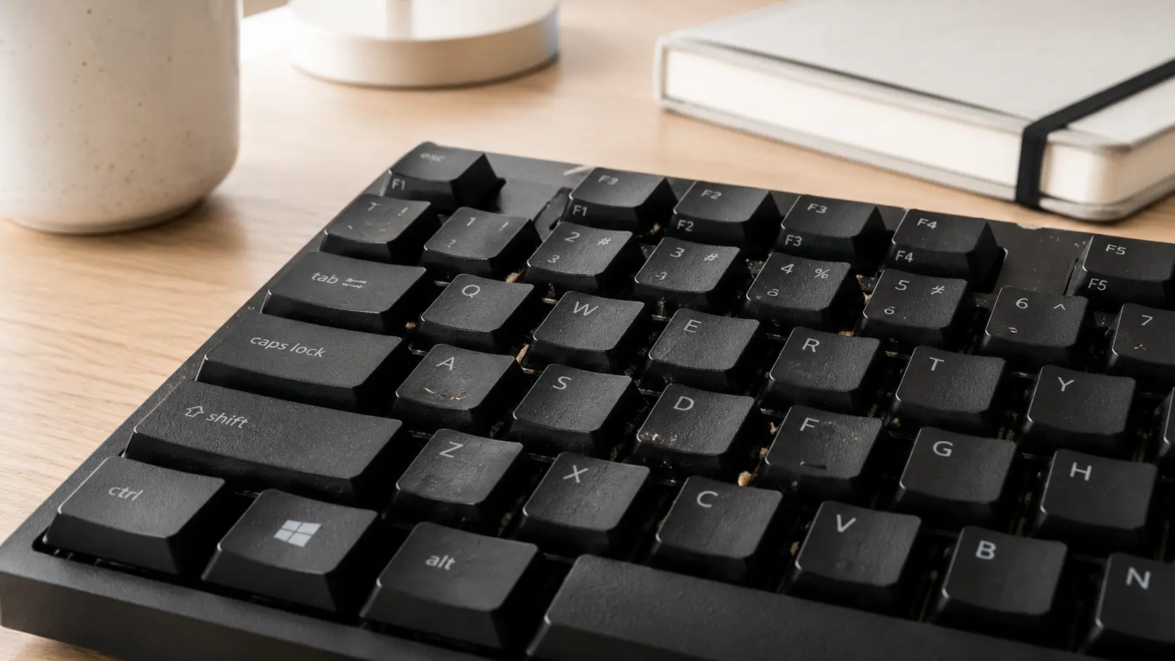 Dust trapped between black keyboard keys on a desk setup AI-generated concept