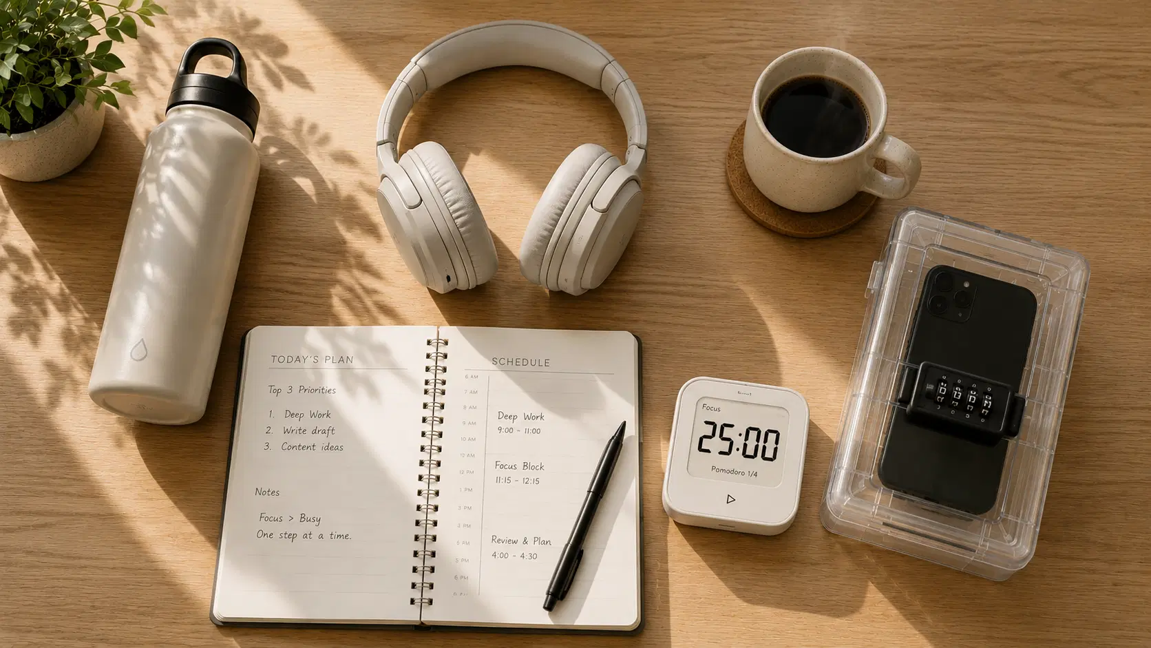 Productivity tools with headphones, Pomodoro timer, planner, and phone jail box, AI-generated concept