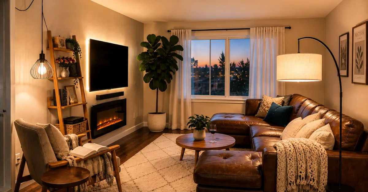 An AI-generated illustration of an apartment living room with warm lights