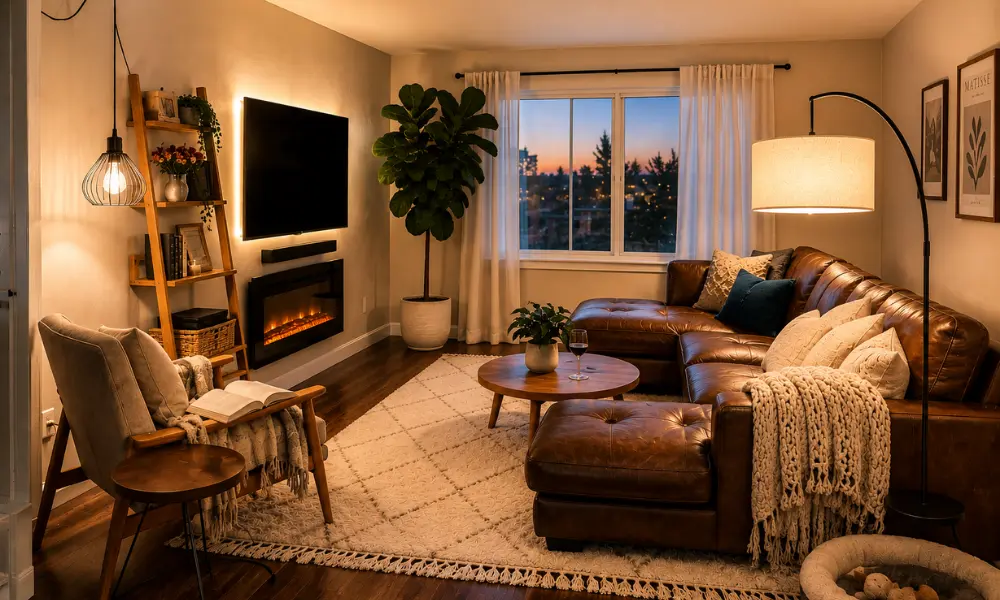 An ai-generated illustration of a  layered lighting for living room