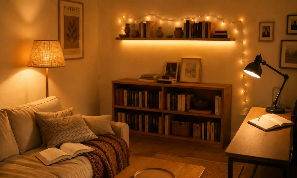 An ai-generated illustration of a layered lighting idea for living room