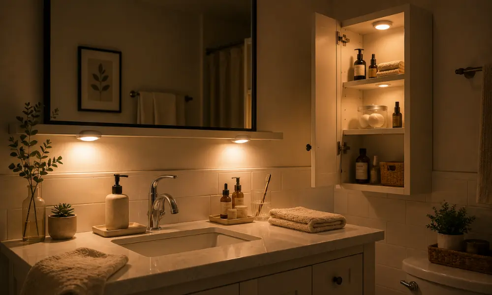 An ai-generated illustration of puck lights for bathroom