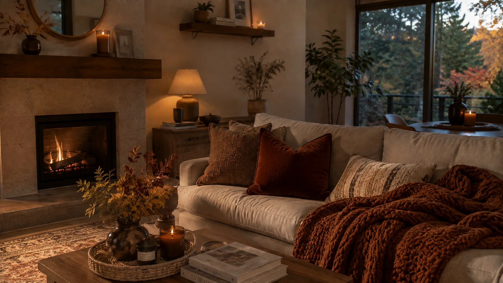 Fall Decorations 2026: Easy Cozy Upgrades for Every Room in Your House Chunky oatmeal throw and ochre boucle pillow on a cream sofa for fall decorating