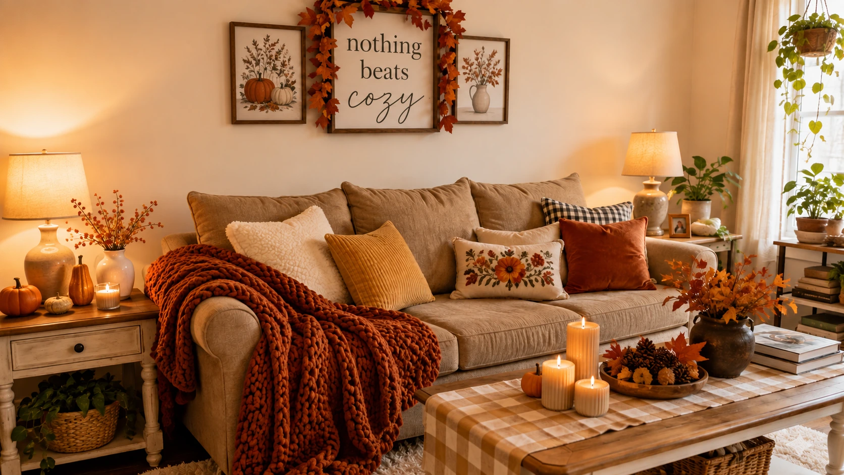 Fall Decorations 2026: Easy Cozy Upgrades for Every Room in Your House Cozy fall living room with chunky knit throw, ochre pillow, warm lamp, and subtle autumn decor