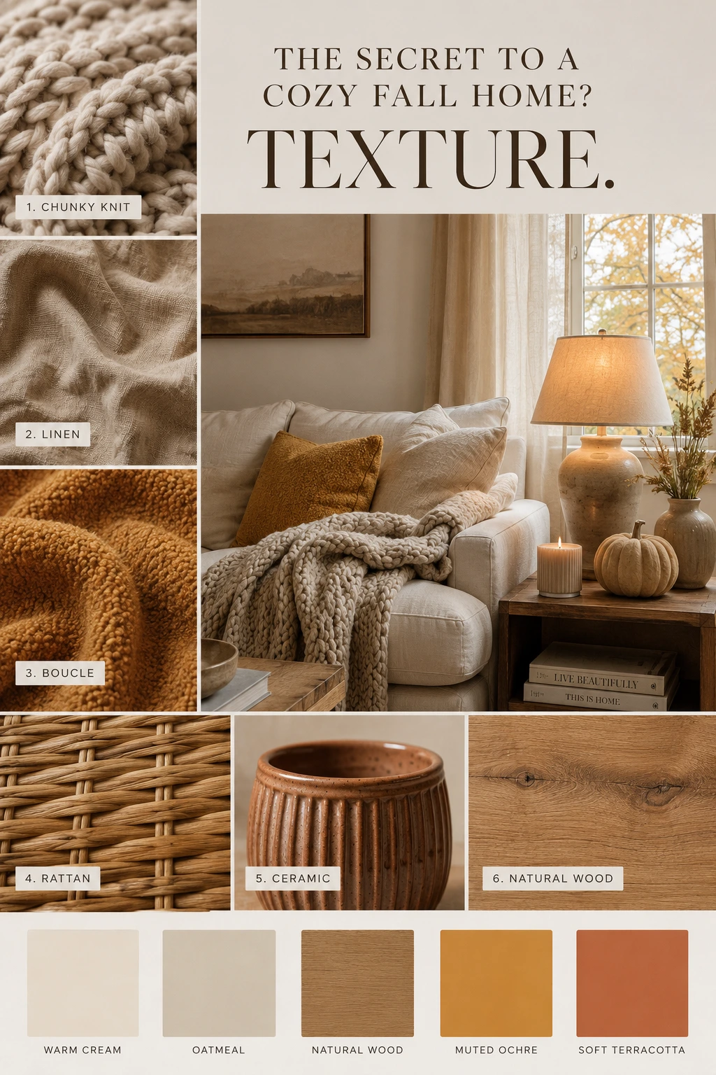 Fall Decorations 2026: Easy Cozy Upgrades for Every Room in Your House Fall decorations 2026 mood board with cozy textures, warm neutral colors, chunky knit, linen, boucle, rattan, and ceramic