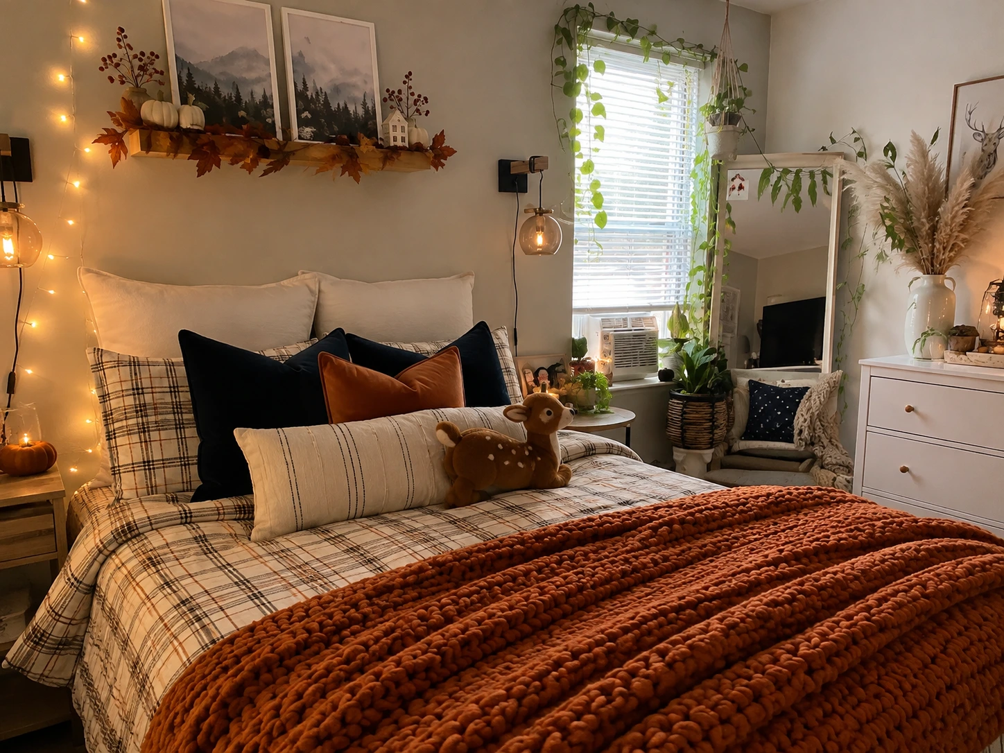 Fall Decorations 2026: Easy Cozy Upgrades for Every Room in Your House Layered fall bedroom with chunky knit blanket, velvet pillows, and warm neutral bedding