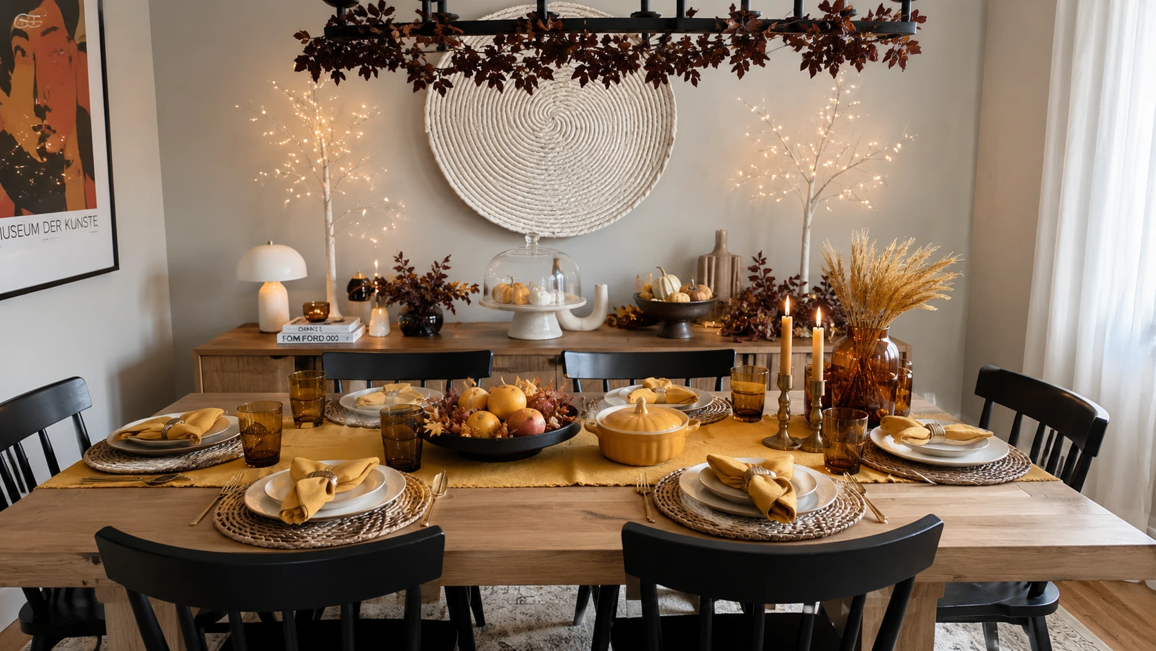 Fall Decorations 2026: Easy Cozy Upgrades for Every Room in Your House Simple fall dining table with linen runner, woven chargers, brass candles, and neutral place settings