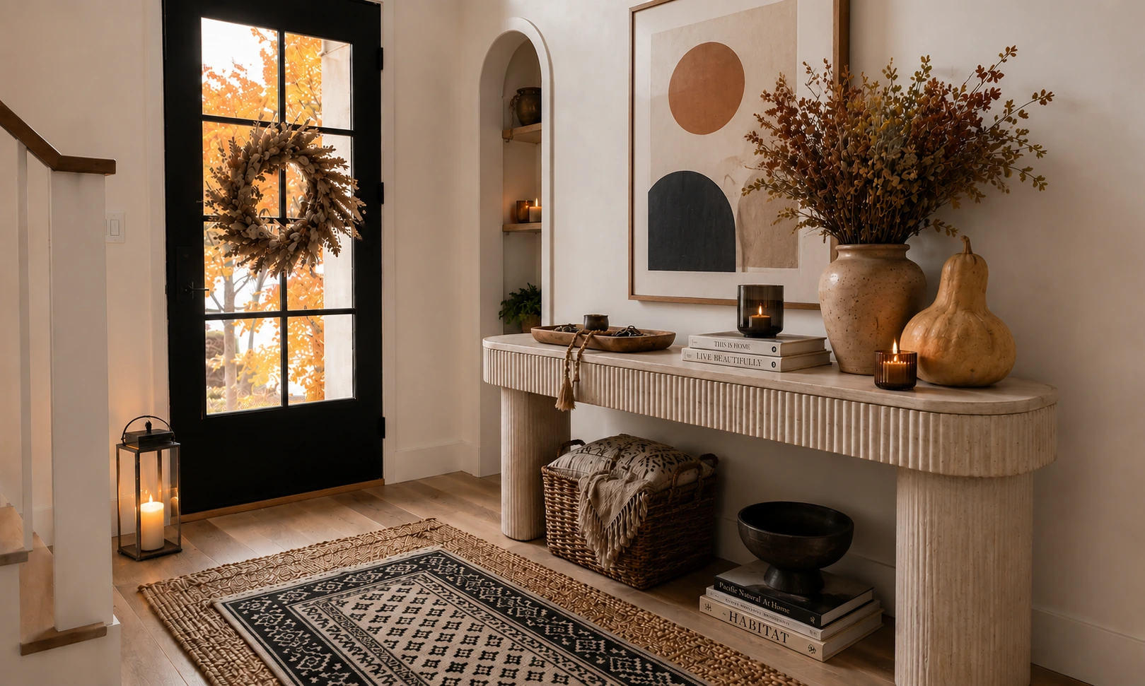 Fall Decorations 2026: Easy Cozy Upgrades for Every Room in Your House Welcoming fall entryway with dried wreath, layered jute doormat, wool throw, and natural decor