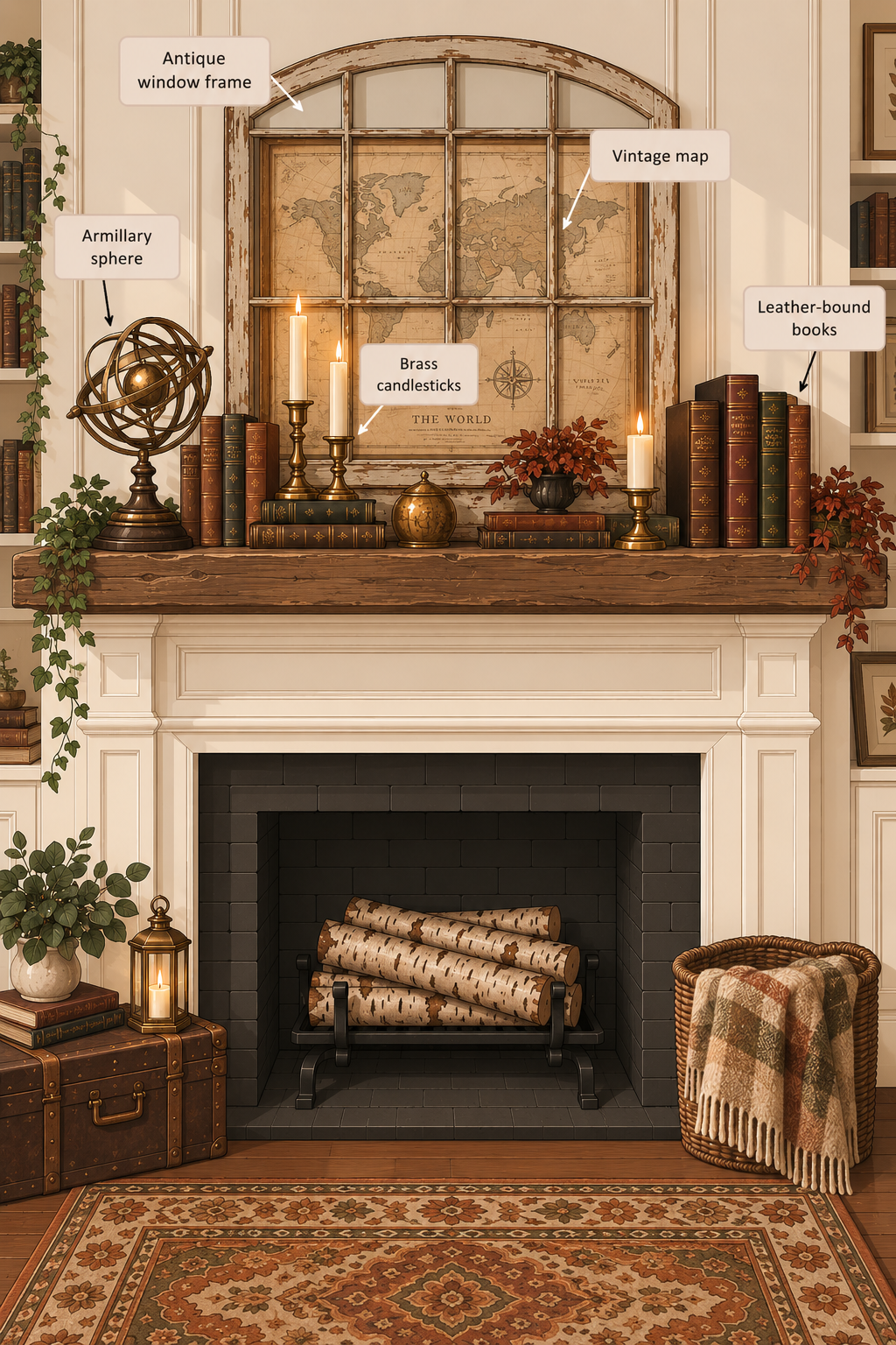 antique explorer fall mantel ideas