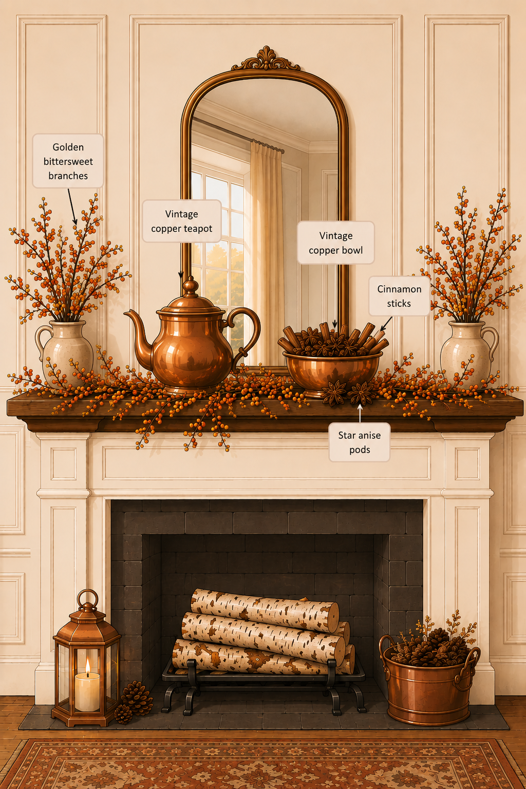 warm copper and spice hearth fall mantel ideas