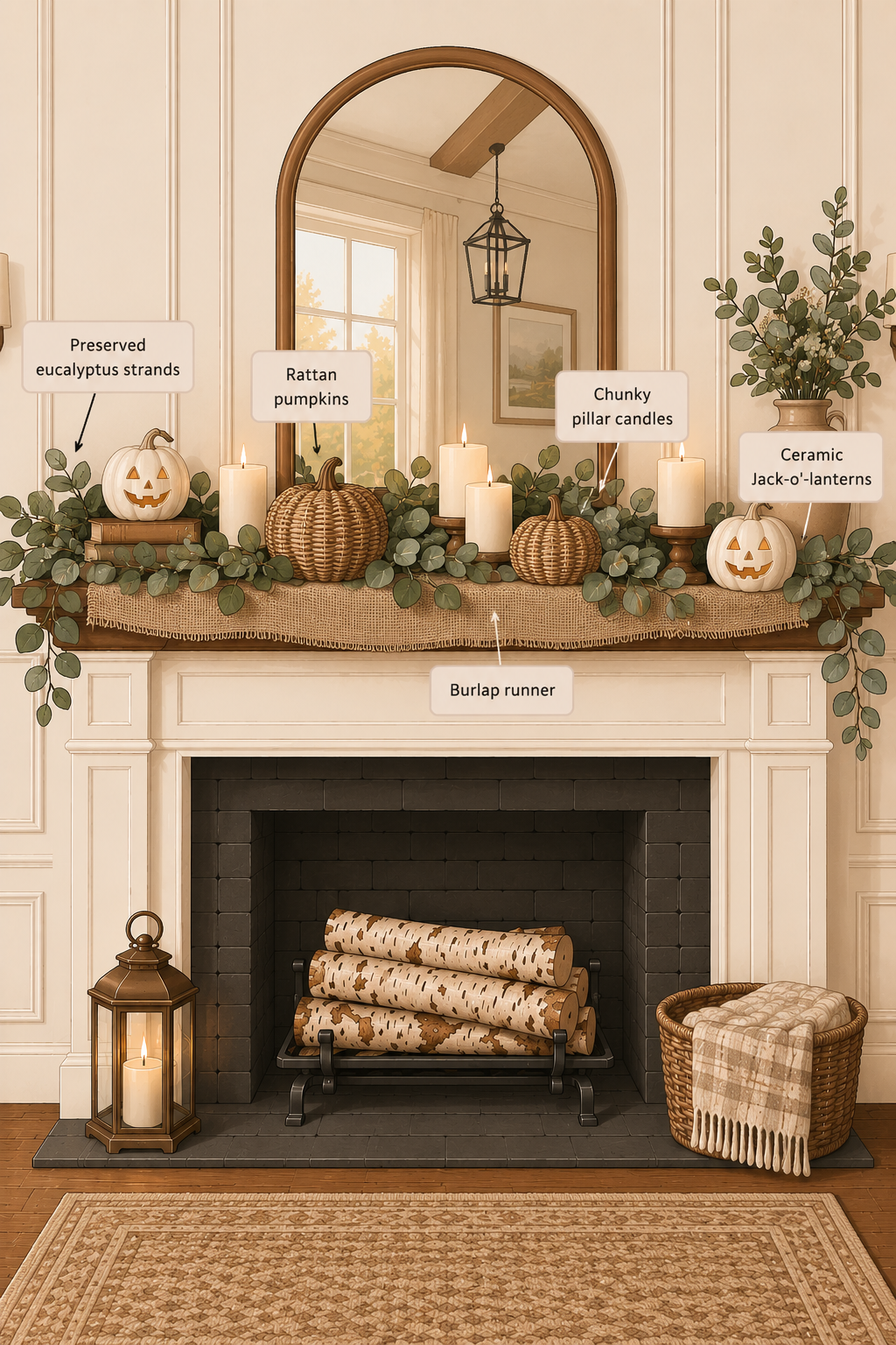 neutral cottagecore mantel fall mantel ideas