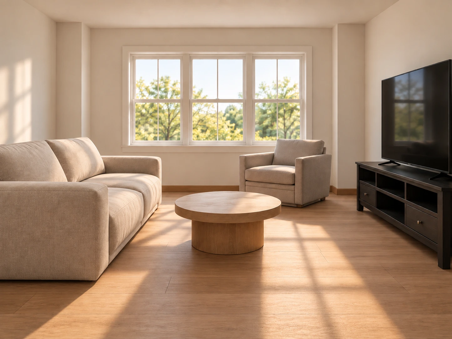 Cozy living room for small spaces before makeover: bare floors, no rug, and a single skirted sofa with no layered decor.