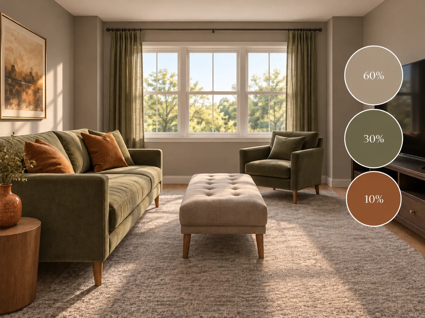 Cozy living room for small spaces color palette using the 60-30-10 rule: warm neutral, olive green, and rust accent.