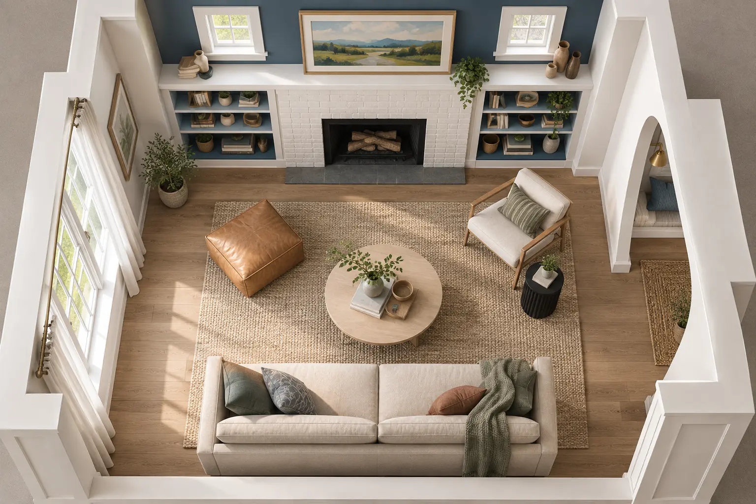 Cozy living room for small spaces with seating floated around a jute rug and a clear walkway facing the fireplace focal point.