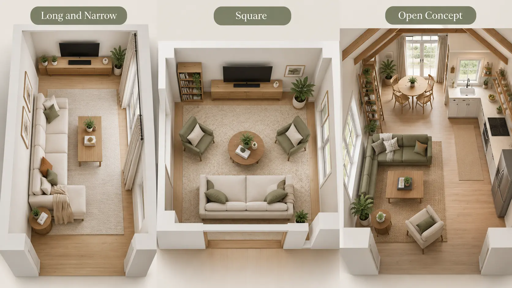 Three cozy living room layouts for small spaces: long and narrow, square, and open concept furniture arrangements.