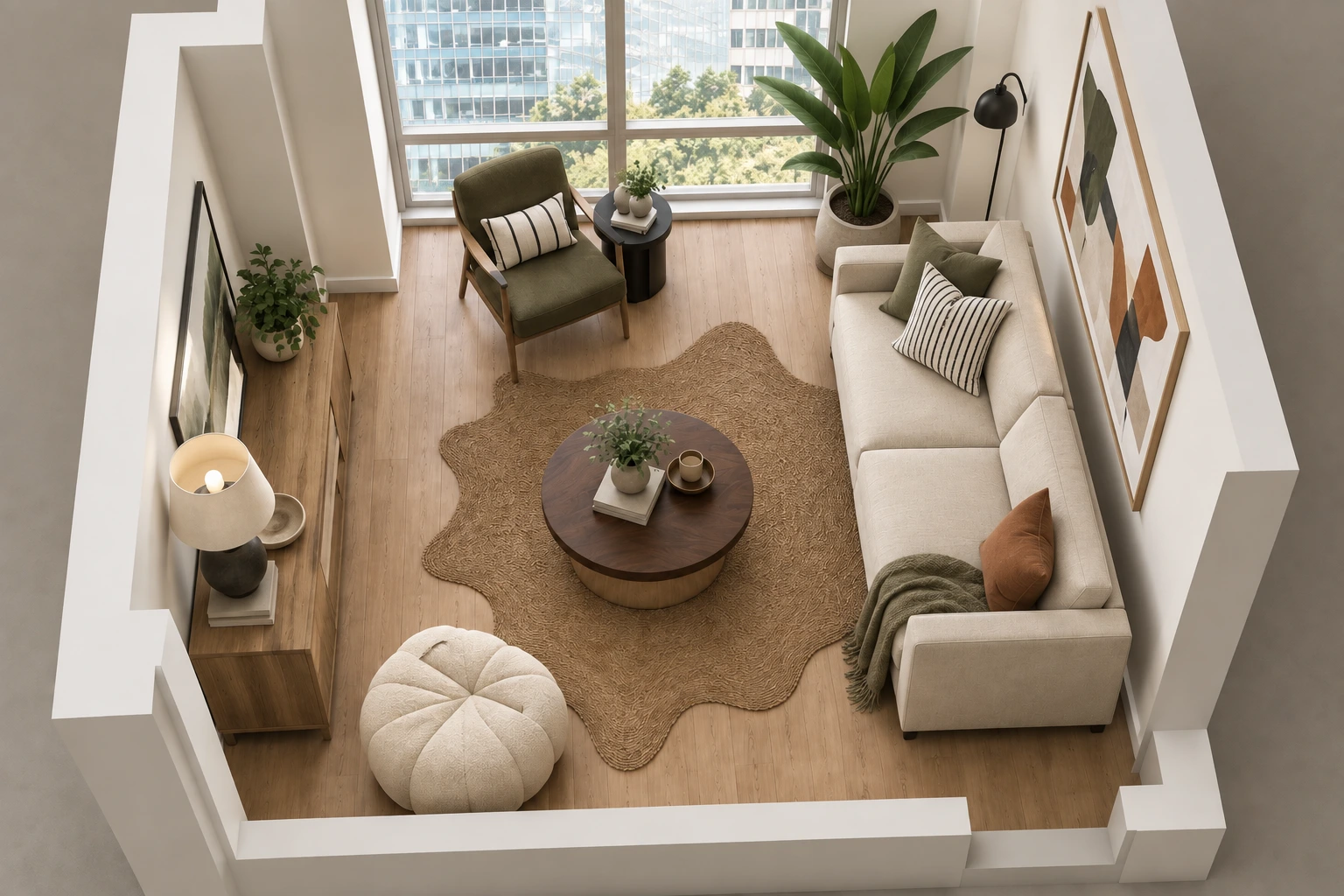 Cozy living room for small spaces with a floating sofa layout, jute rug anchoring a round coffee table, and layered warm lighting.
