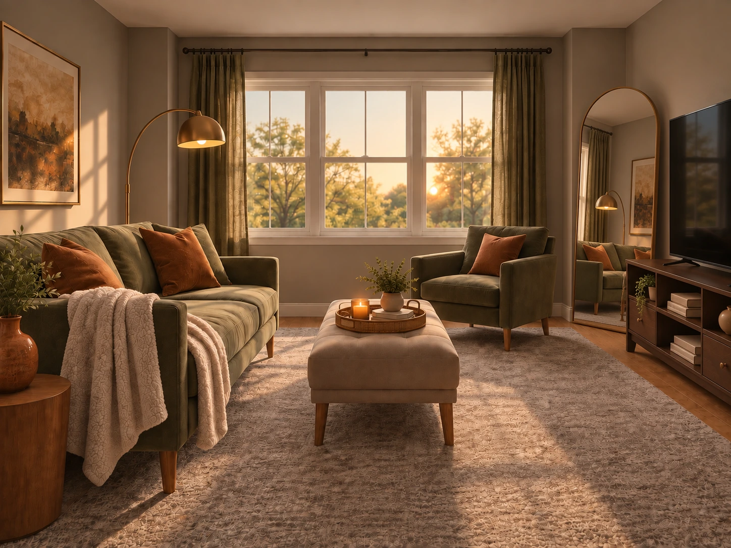 Cozy living room for small spaces with an arched floor mirror reflecting light to make the room feel bigger.