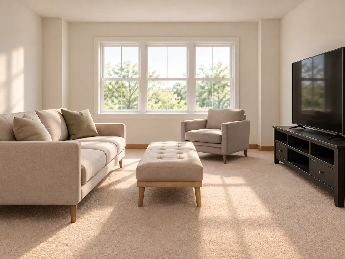 Cozy living room for small spaces with raised-leg furniture and a tufted ottoman bench doubling as a coffee table.