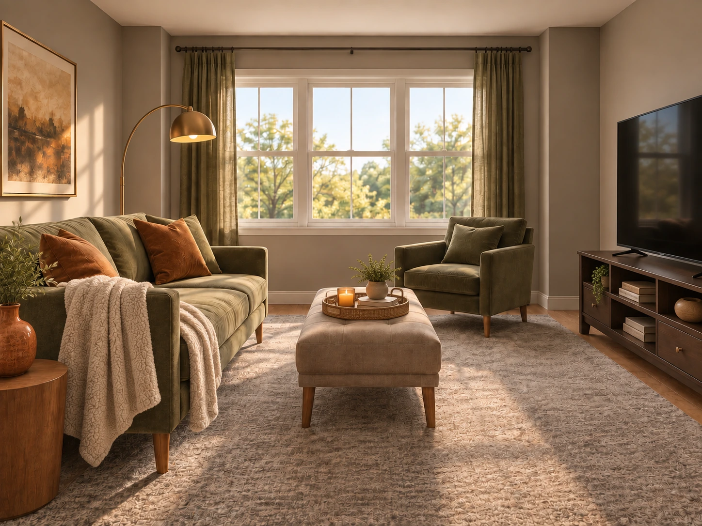 Cozy living room for small spaces with a styled coffee table tray and an edited TV console shelf display.