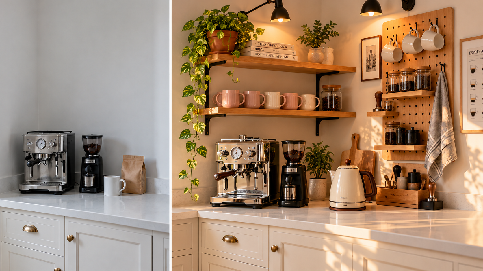 Before and after coffee nook ideas: a bare kitchen counter transformed into a cozy coffee station with shelves and pegboard