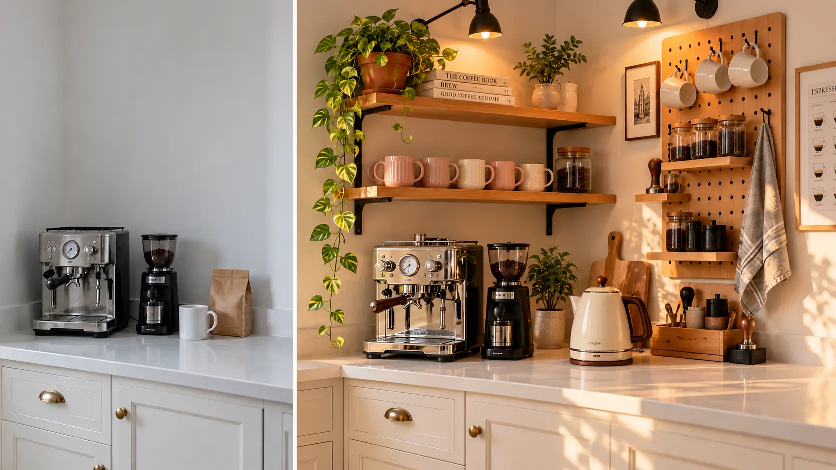 Before and after coffee nook ideas: a bare kitchen counter transformed into a cozy coffee station with shelves and pegboard