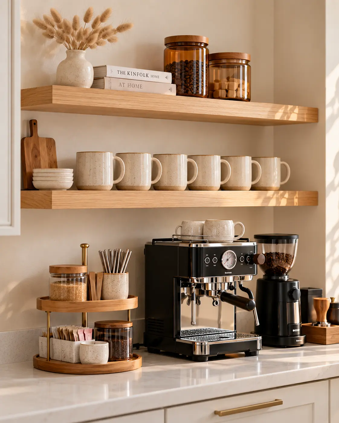 Kitchen coffee bar with oak floating shelves holding mugs and bean jars above an espresso machine and grinder