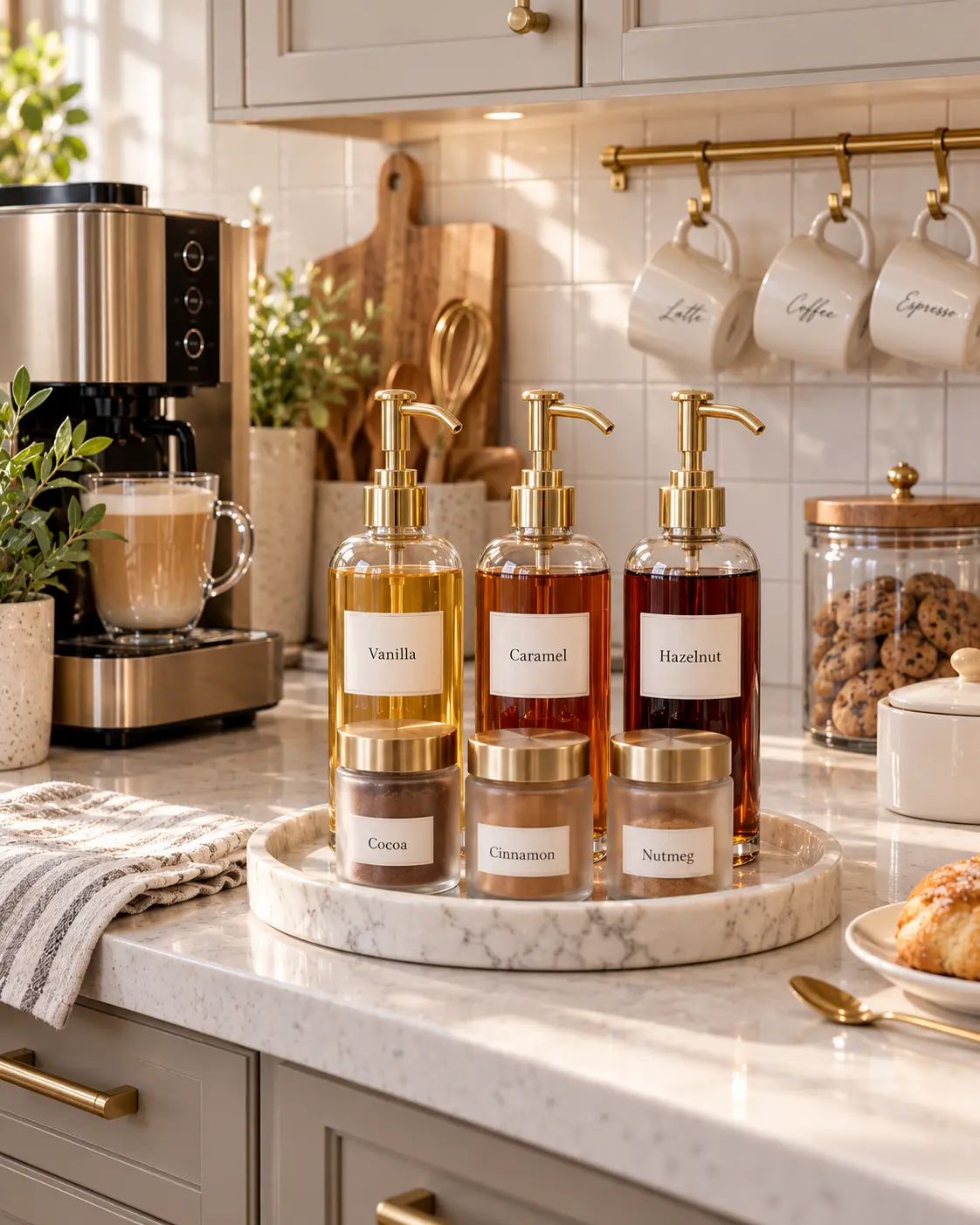 Kitchen coffee station with labeled syrup pumps and spice jars grouped on a marble tray beside a coffee maker