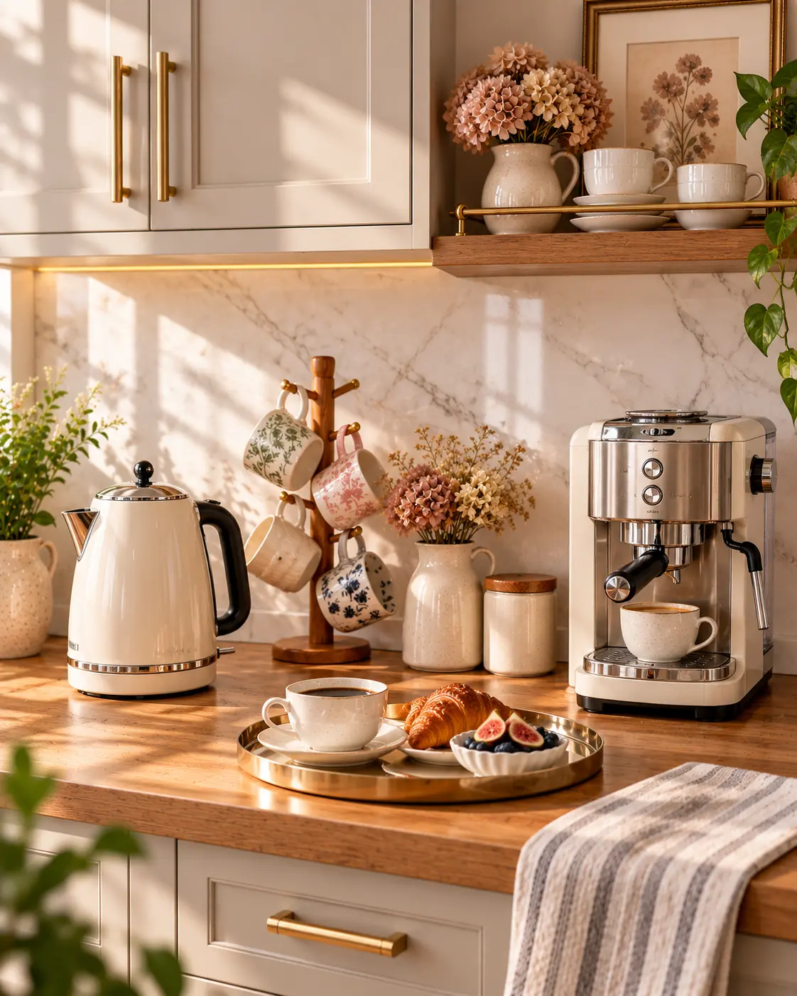 Tidy kitchen cabinets coffee bar with a kettle, espresso machine and mug tree on a clean, cord-free counter