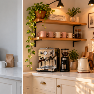 Before and after coffee nook ideas: a bare kitchen counter transformed into a cozy coffee station with shelves and pegboard