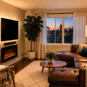 An AI-generated illustration of an apartment living room with warm lights