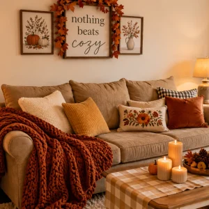 Cozy fall living room with chunky knit throw, ochre pillow, warm lamp, and subtle autumn decor