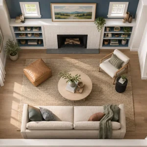 Cozy living room for small spaces with seating floated around a jute rug and a clear walkway facing the fireplace focal point.